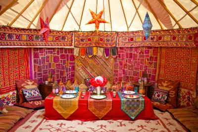 Low table in a pink 14ft yurt