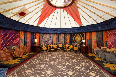 14ft yurt with blue sumptuous decor