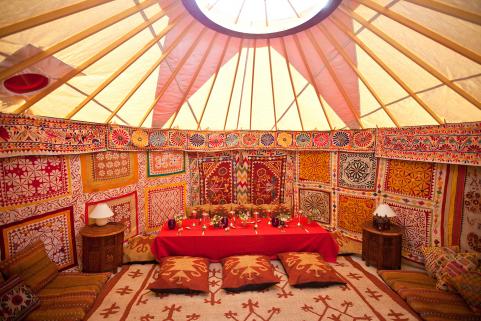 14ft yurt with sumptuous decor low table